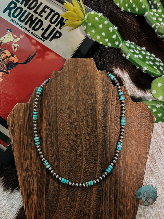 19in 4 & 6mm Sterling Silver Pearls with Kingman Turquoise