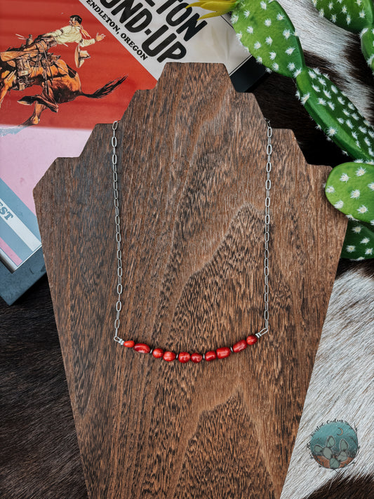 Silver-Plated Paperclip Chain Necklace with Dyed Coral & Hematite